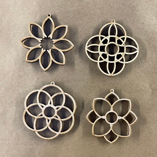 Mandala Unfinished Wood Keychain Blanks - Set of 4 - 4 pieces
