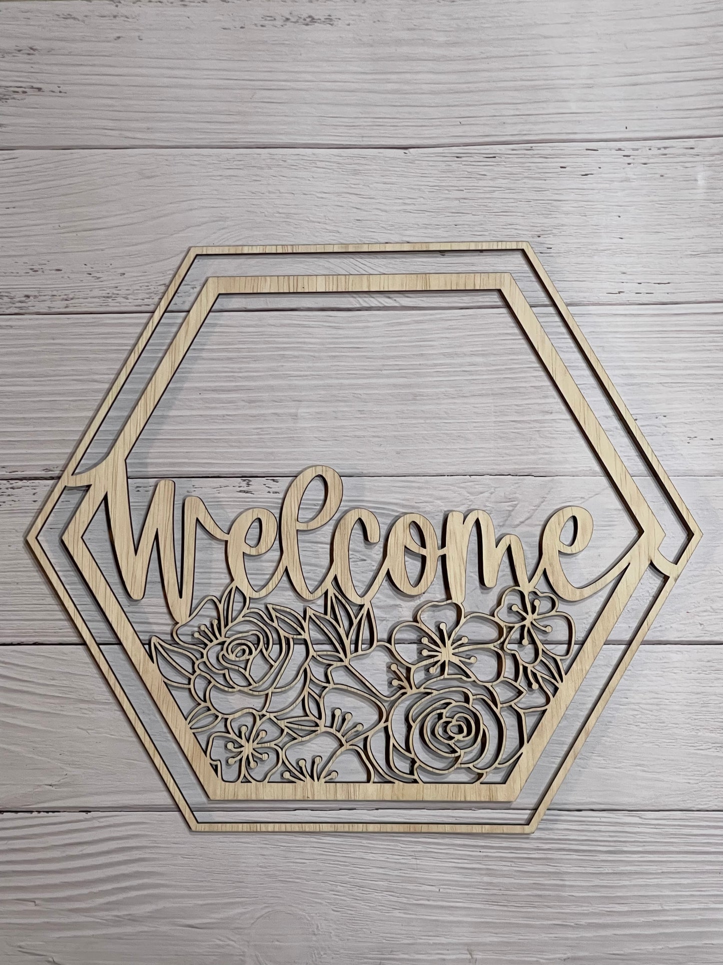 Welcome with Flowers Hex Unfinished Wood frame. Resin art frame. DIY wood cutout. Unfinished laser cut wood resin frame. Wood blanks.