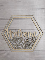 Welcome with Flowers Hex Unfinished Wood frame. Resin art frame. DIY wood cutout. Unfinished laser cut wood resin frame. Wood blanks.