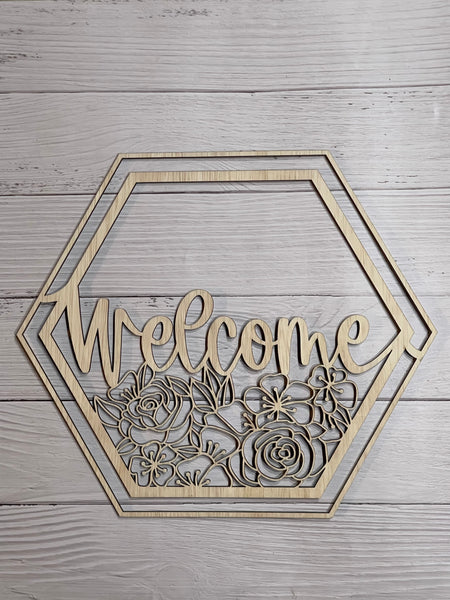 Welcome with Flowers Hex Unfinished Wood frame. Resin art frame. DIY wood cutout. Unfinished laser cut wood resin frame. Wood blanks.