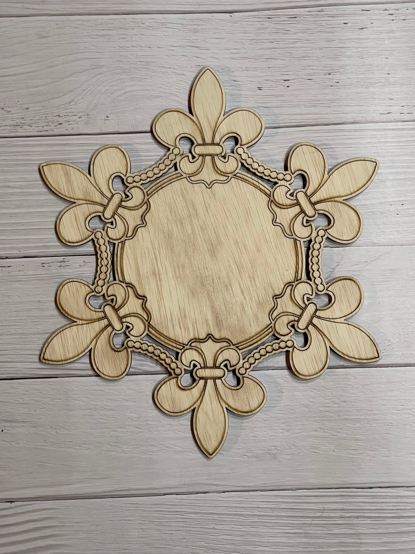 Fleur de Lis Wreath Round Unfinished Wood frame. Resin art frame. DIY wood cutout. Unfinished laser cut wood resin frame.
