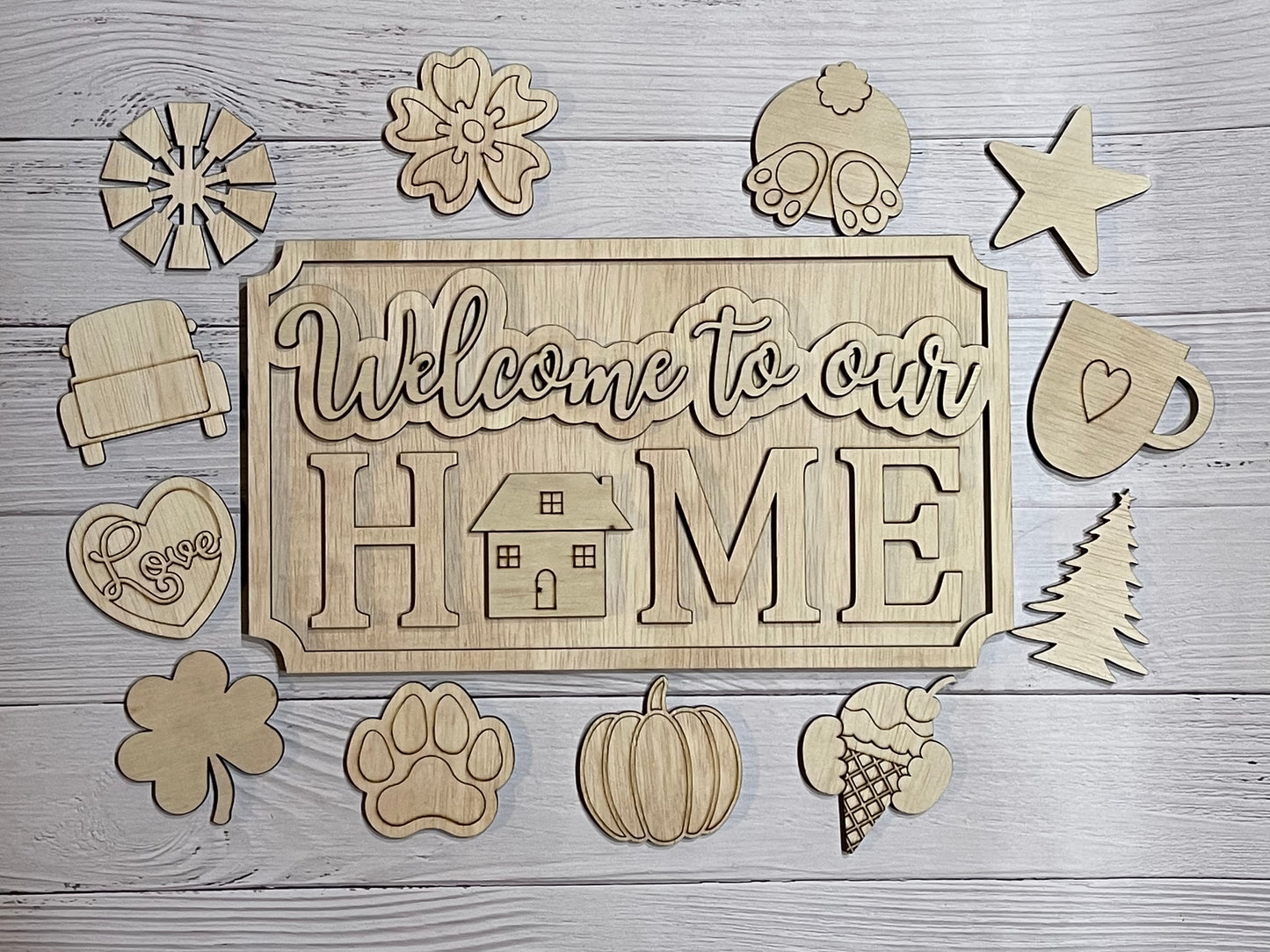 Interchangeable Welcome Unfinished Scored Wood Sign Set. DIY Set.