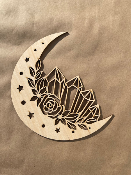 Floral Moon  with Crystals Unfinished Wood frame. Resin art frame. DIY wood cutout. Unfinished laser cut wood resin frame.
