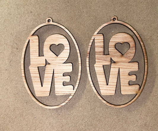 Oval Love Blank Wood Earrings. DIY jewelry. Unfinished laser cut wood jewelry. Wood earring blanks. Unfinished wood earrings. Wood jewelry blanks.