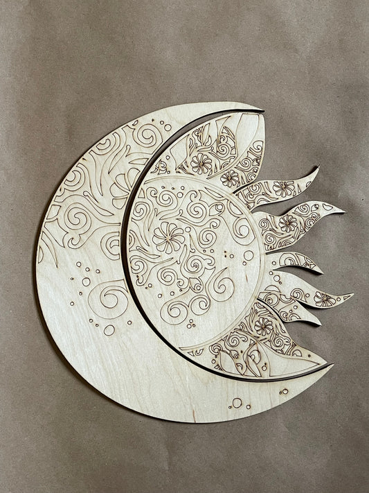 Sun and Moon Mandala Unfinished Wood. DIY wood cutout. Unfinished laser cut wood resin frame.
