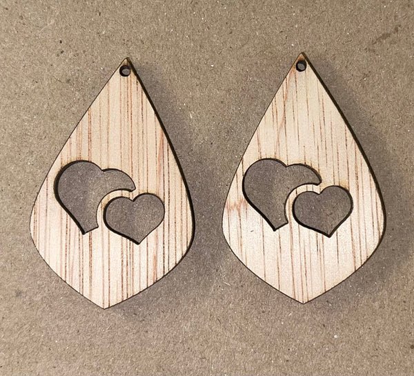 Pointed Drop Double Hearts Cutout Blank Wood Earrings. DIY jewelry. Unfinished laser cut wood jewelry. Wood earring blanks. Unfinished wood earrings. Wood jewelry blanks.