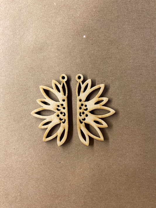 Half Sunflower Blank Wood Earrings. DIY jewelry. Unfinished laser cut wood jewelry. Wood earring blanks. Unfinished wood earrings. Wood jewelry blanks.