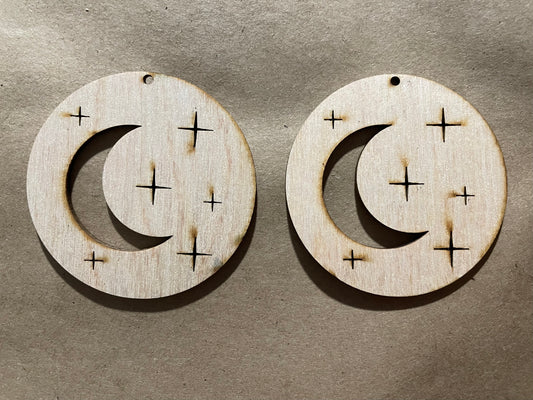 Round Stars and Moon Open Backed Blank Wood Earrings. DIY jewelry. Unfinished laser cut wood jewelry. Wood earring blanks. Unfinished wood earrings. Wood jewelry blanks.