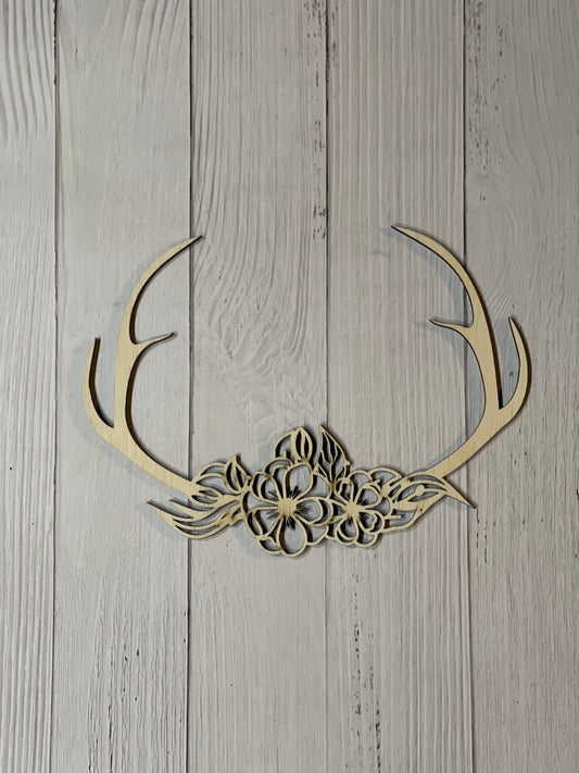 Floral Antlers Buck Deer with Flower Unfinished Wood Resin Art Frame. Resin art frame. DIY wood cutout. Unfinished laser cut wood resin frame.