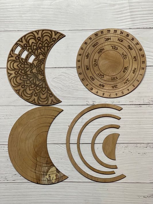 Mandala Perpetual Calendar DIY wood cutout. Unfinished laser cut wood resin frame.