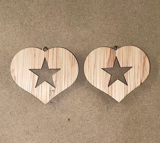 Solid Heart with Star Cutout Blank Wood Earrings. DIY jewelry. Unfinished laser cut wood jewelry. Wood earring blanks. Unfinished wood earrings. Wood jewelry blanks.