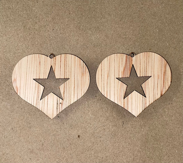 Solid Heart with Star Cutout Blank Wood Earrings. DIY jewelry. Unfinished laser cut wood jewelry. Wood earring blanks. Unfinished wood earrings. Wood jewelry blanks.