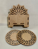 Wood Coaster Blanks and Holder. DIY coaster. Unfinished laser cut wood coaster. Wood blanks. Wood coasters. Unfinished coaster set