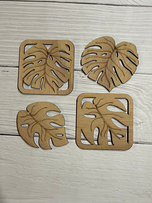Set of 4 plant Leaf Coasters Unfinished Wood Blanks. DIY wood coaster set.