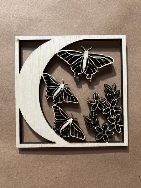Square Left Crescent Moon and Moths and Flowers Unfinished Wood frame. Resin art frame. DIY wood cutout. Unfinished laser cut wood resin frame. Wood blanks.