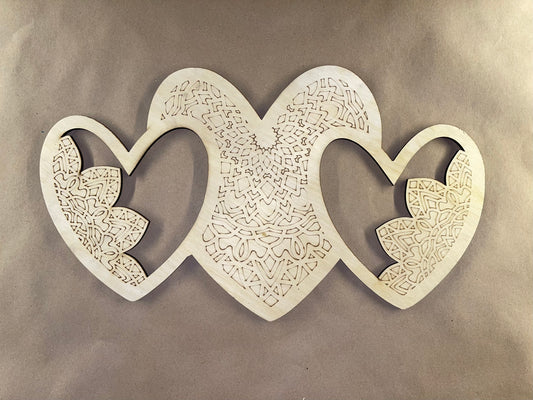 Half and Half Triple Heart Mandala Unfinished Wood frame. Resin art frame. DIY wood cutout. Unfinished laser cut wood resin frame.