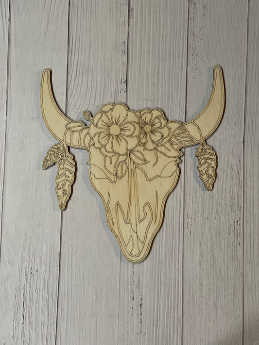 Floral Bull Skull with Feathers. Unfinished Wood frame. Resin art frame. DIY wood cutout. Unfinished laser cut wood resin frame.