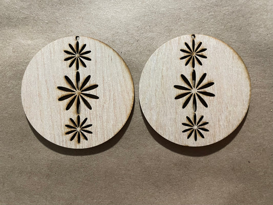 Triple Flower Open Backed Round Blank Wood Earrings. DIY jewelry. Unfinished laser cut wood jewelry. Wood earring blanks. Unfinished wood earrings. Wood jewelry blanks.