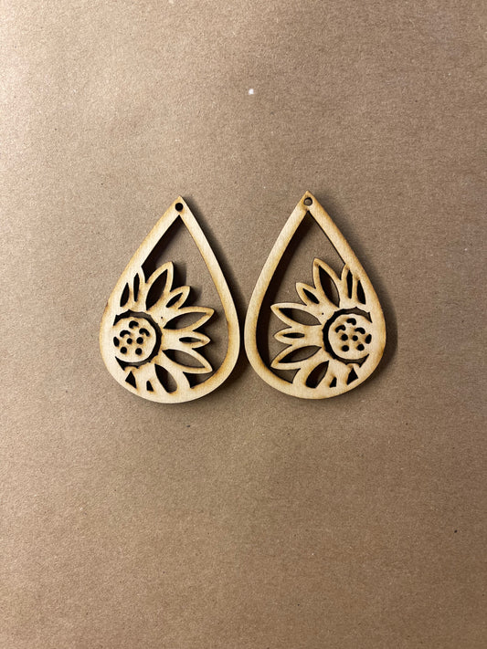 Sunflower Drop Blank Wood Earrings. DIY jewelry. Unfinished laser cut wood jewelry. Wood earring blanks. Unfinished wood earrings. Wood jewelry blanks.