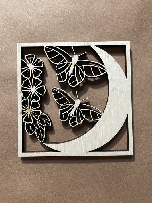 Square Right Crescent Moon and Moths and Flowers Unfinished Wood frame. Resin art frame. DIY wood cutout. Unfinished laser cut wood resin frame. Wood blanks.