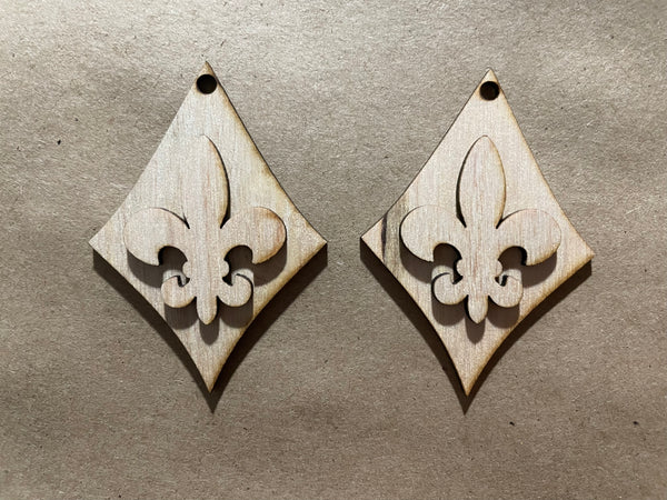 Stacked Diamond  Solid Fleur De Lis Blank Wood Earrings. DIY jewelry. Unfinished laser cut wood jewelry. Wood earring blanks. Unfinished wood earrings. Wood jewelry blanks.