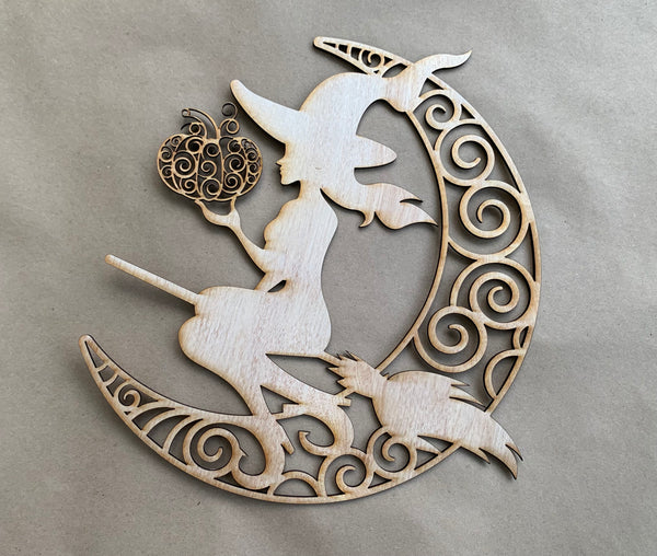 Witch and Swirl Moon Unfinished Wood frame. Resin art frame. DIY wood cutout. Unfinished laser cut wood resin frame.