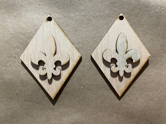 Stacked Straight Edged Diamond  Solid Fleur De Lis Blank Wood Earrings. DIY jewelry. Unfinished laser cut wood jewelry. Wood earring blanks. Unfinished wood earrings. Wood jewelry blanks.