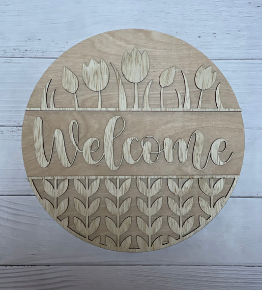 Welcome with Tulips Round Sign Blank Set