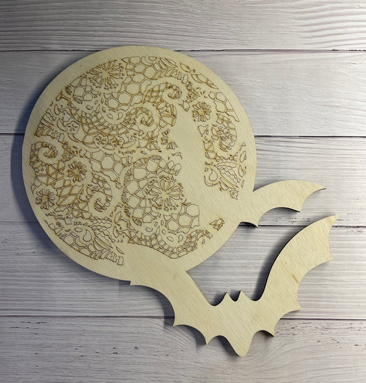 Bats with Lace Moon Wood Cut Out. Unfinished Wood frame. Resin art frame. DIY wood cutout. Unfinished laser cut wood resin frame.