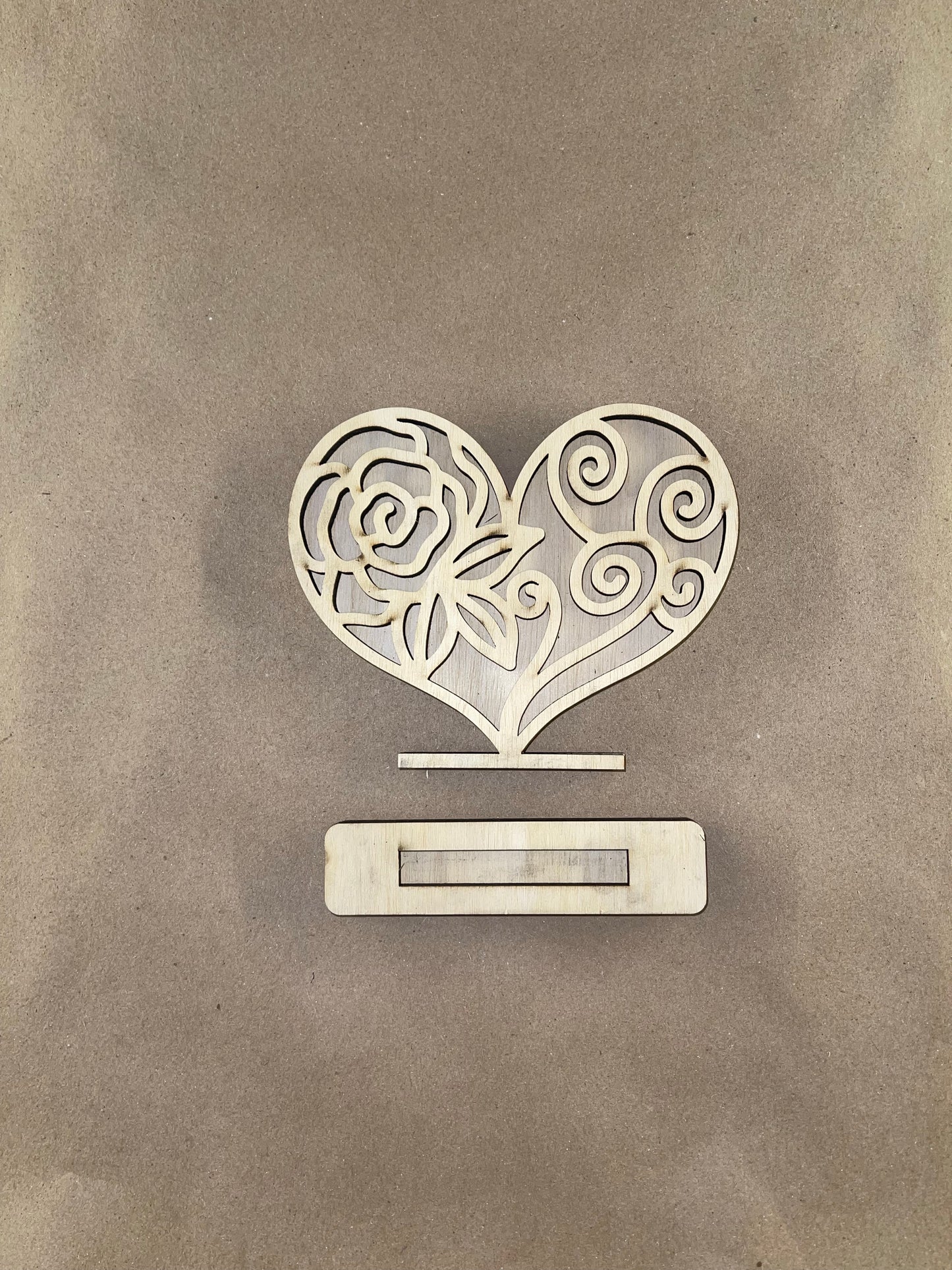 Scroll Floral Heart Shelf sitter. Unfinished wood cutout.