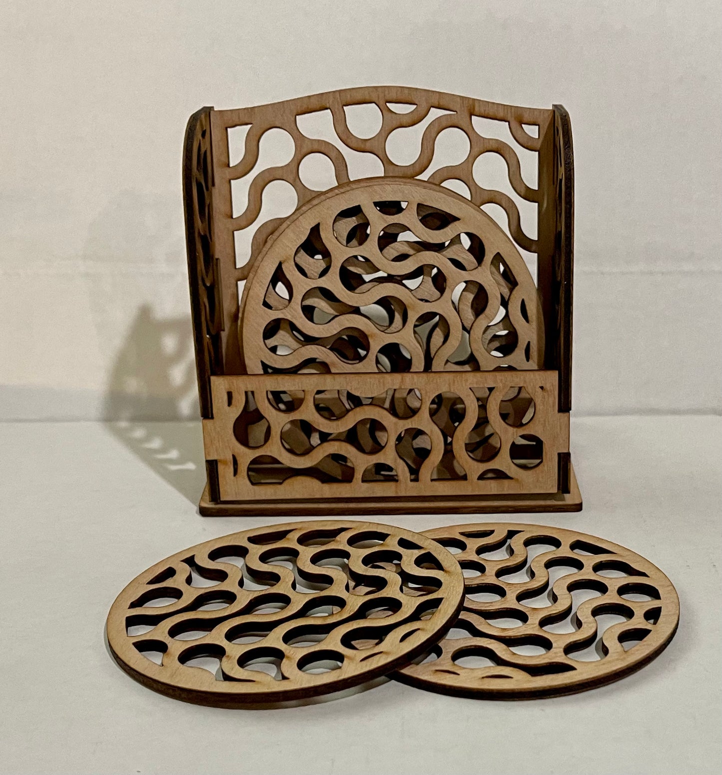 Wood Coaster Blanks and Holder. DIY coaster. Unfinished laser cut wood coaster. Wood blanks. Wood coasters. Unfinished coaster set