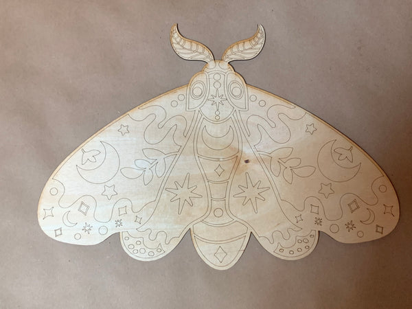 Mystical Moth Unfinished Scored Wood Plaque. DIY wood cutout. Wood mandala blank.