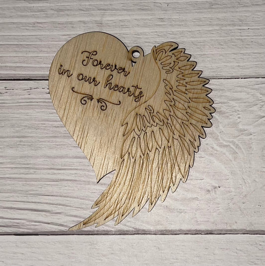 Heart and Angel Wing Scored Unfinished wood ornament