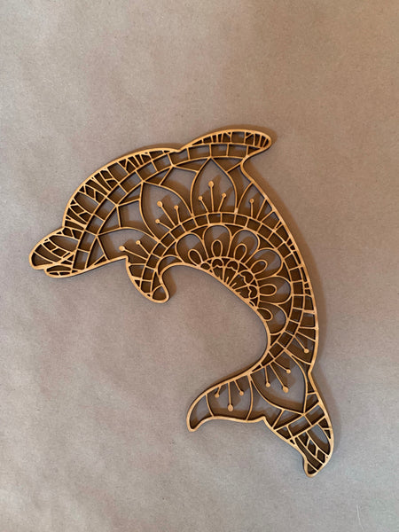 Dolphin Mandala Unfinished Wood Blank. DIY wood cutout. Wood mandala blank.