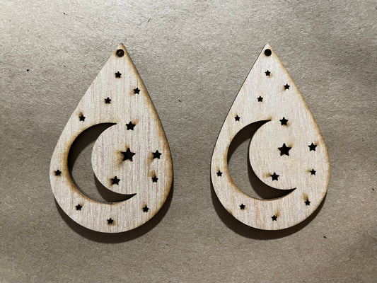 Stars and Moon Drop Blank Wood Earrings. DIY jewelry. Unfinished laser cut wood jewelry. Wood earring blanks. Unfinished wood earrings. Wood jewelry blanks.