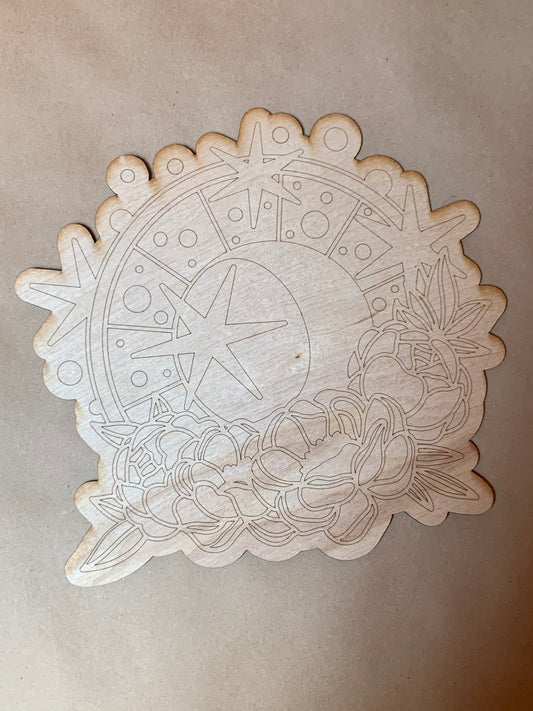 Mystical Sun, Moon and Flowers Unfinished Scored Wood Plaque. DIY wood cutout. Wood mandala blank.