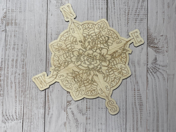 Floral Compass Unfinished Scored Wood Plaque. DIY wood cutout. Wood mandala blank.