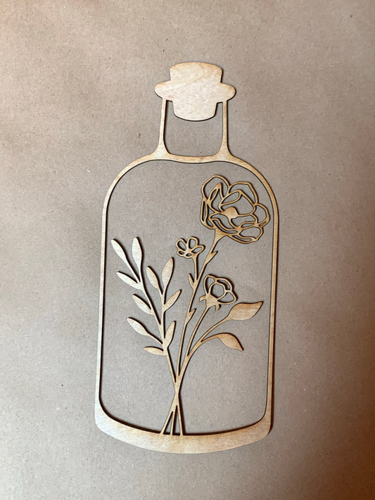 Flowers in Bottle with Cork. Unfinished Wood Cut Out. Unfinished Wood frame. Resin art frame. DIY wood cutout.