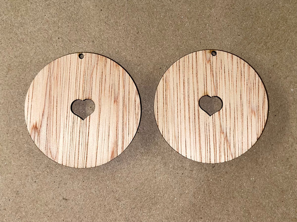 Round Small Heart Cutout Blank Wood Earrings. DIY jewelry. Unfinished laser cut wood jewelry. Wood earring blanks. Unfinished wood earrings. Wood jewelry blanks.