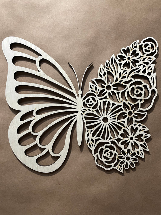 Half Floral Butterfly Unfinished Wood Cut Out. Unfinished Wood frame. Resin art frame. DIY wood cutout. Unfinished laser cut wood resin frame.