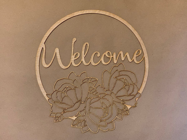 Welcome with Flowers Round Unfinished Wood frame. Resin art frame. DIY wood cutout. Unfinished laser cut wood resin frame. Wood blanks.