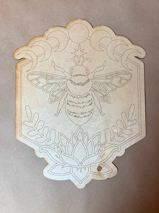 Mystical Bee Unfinished Scored Wood Plaque. DIY wood cutout. Wood mandala blank.