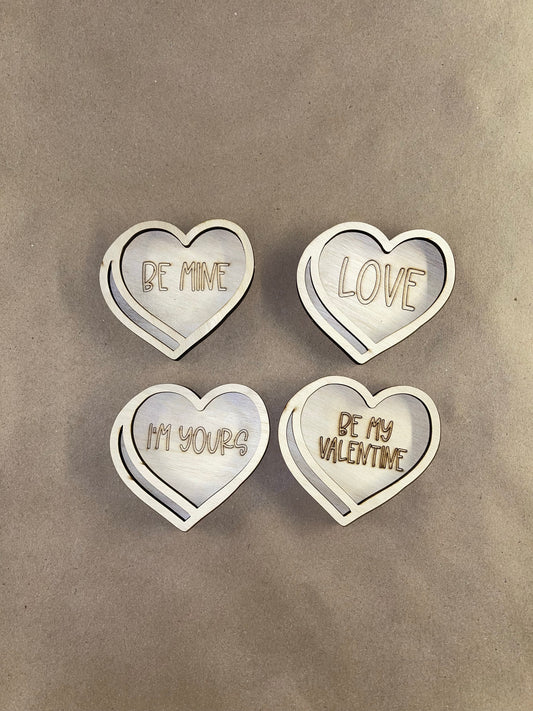Set of 4 Valentine’s Conversation Heart Coasters Unfinished Scored Wood Blanks. DIY wood coaster set.
