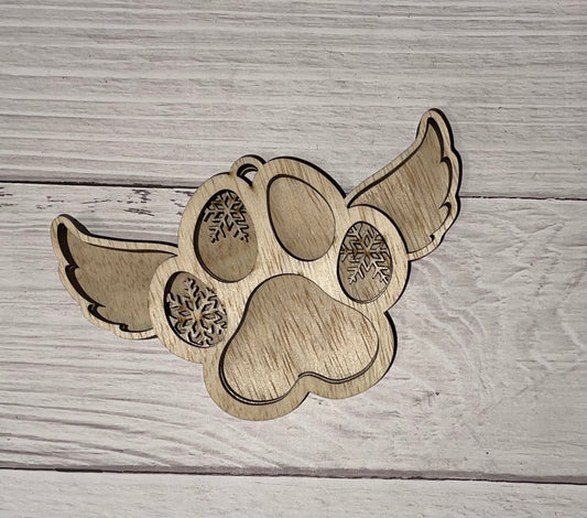 Paw with Wings and Snowflakes 3 Layer Unfinished wood ornament