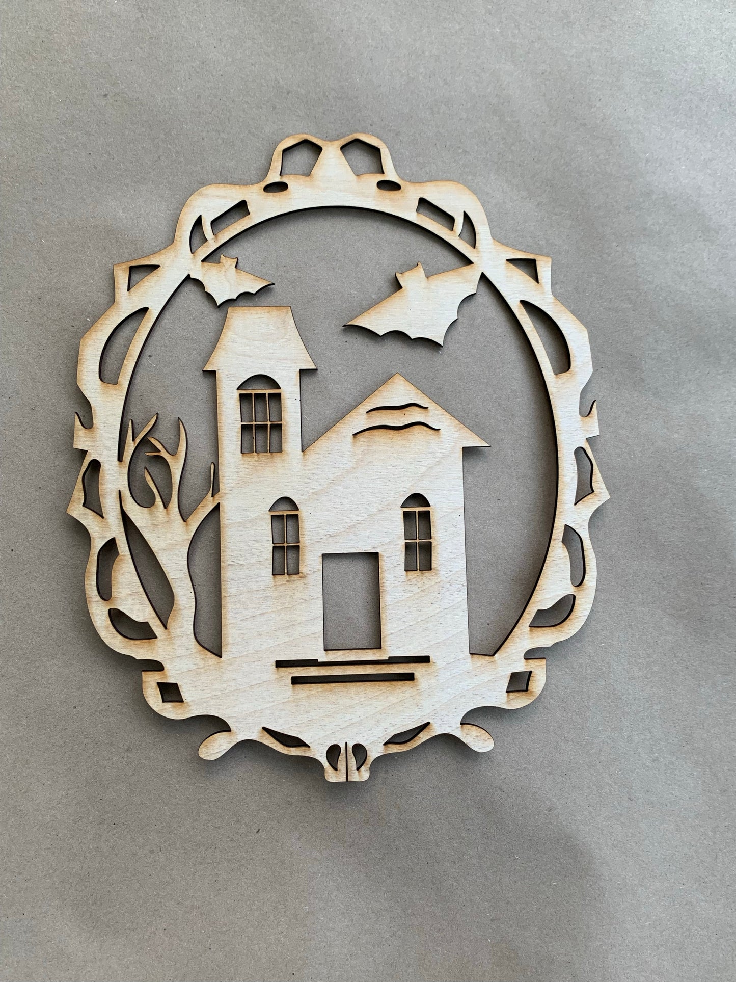 Haunted House Oval Unfinished Wood frame. Resin art frame. DIY wood cutout. Unfinished laser cut wood resin frame. Wood blanks.