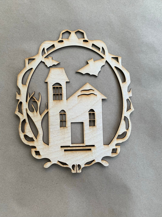 Haunted House Oval Unfinished Wood frame. Resin art frame. DIY wood cutout. Unfinished laser cut wood resin frame. Wood blanks.