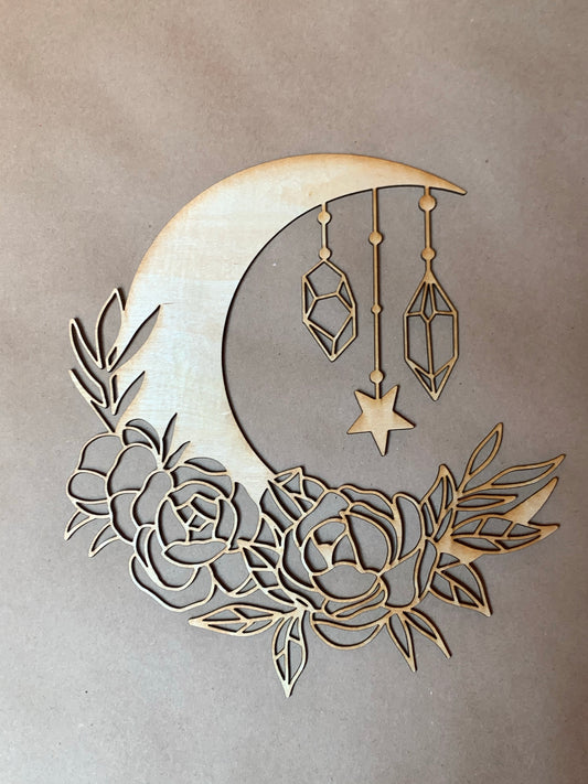 Floral Crescent Moon with Crystals. Unfinished Wood Cut Out. Unfinished Wood frame. Resin art frame. DIY wood cutout.