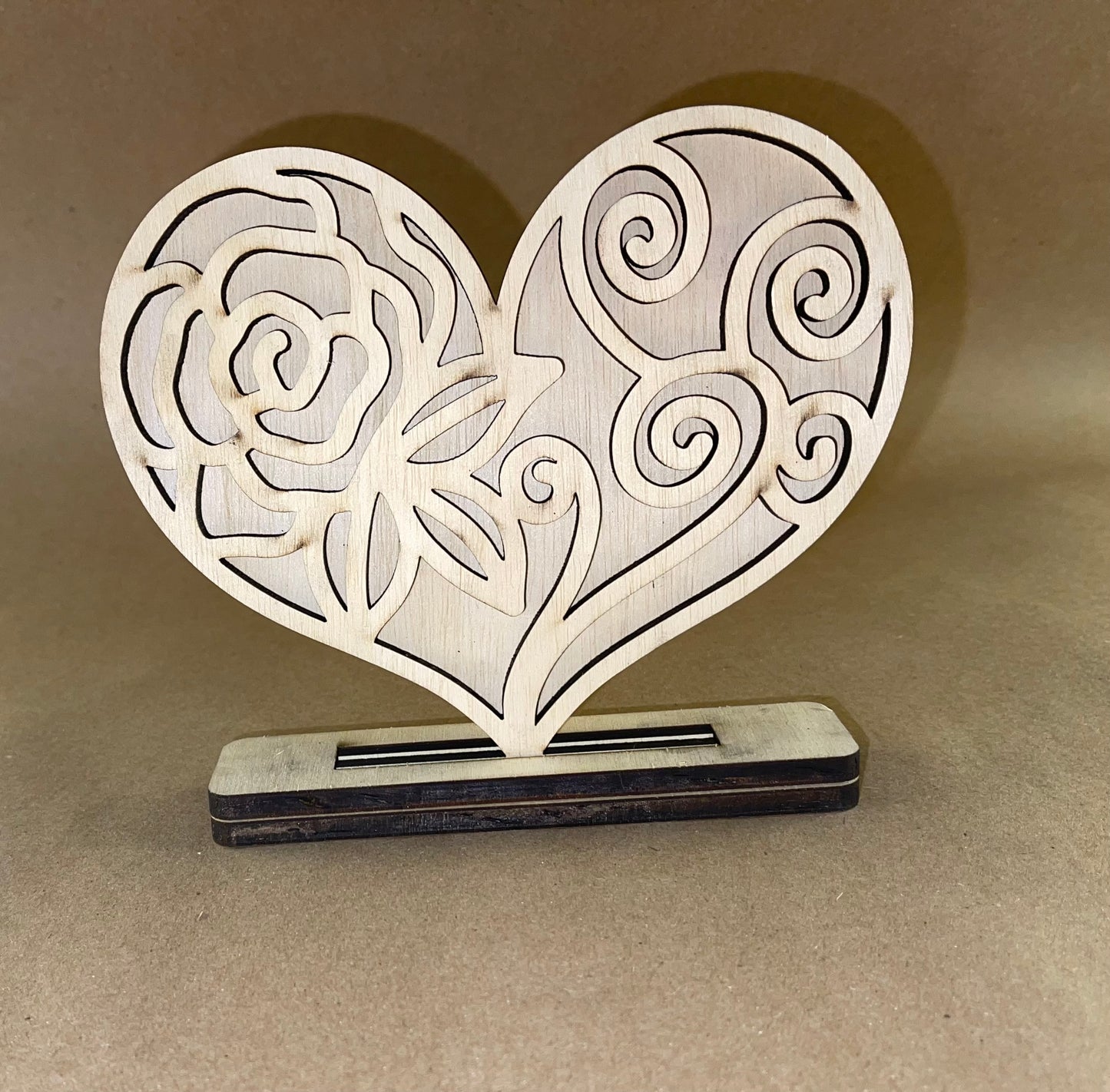 Scroll Floral Heart Shelf sitter. Unfinished wood cutout.
