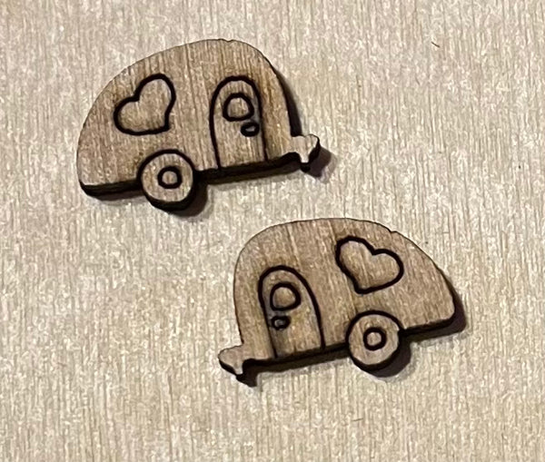 Camper with Hearts Blank Wood Stud Earrings. DIY jewelry. Unfinished laser cut wood jewelry. Wood earring blanks. Unfinished wood earrings. Wood jewelry blanks.