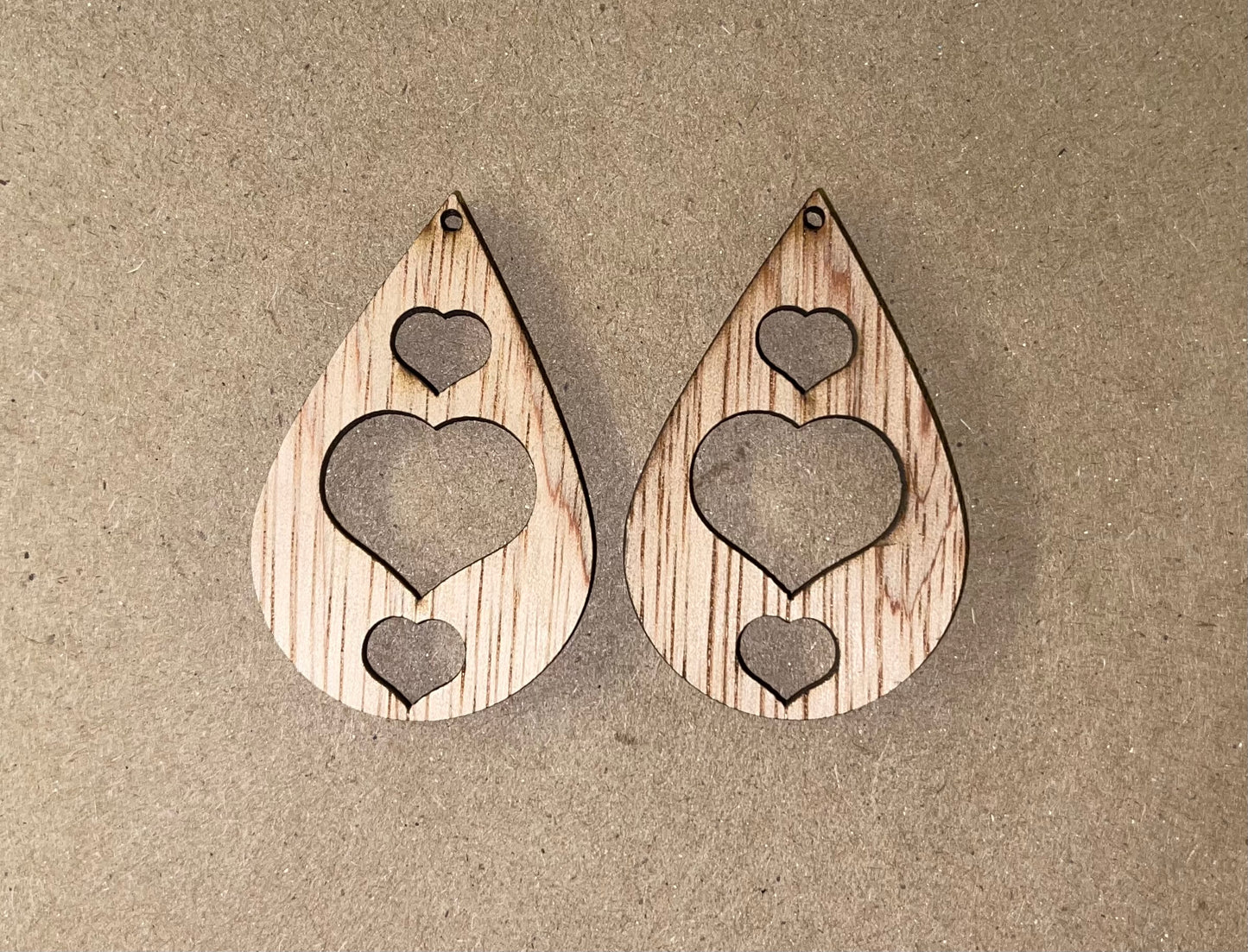 Drop Triple Hearts Cutout Blank Wood Earrings. DIY jewelry. Unfinished laser cut wood jewelry. Wood earring blanks. Unfinished wood earrings. Wood jewelry blanks.